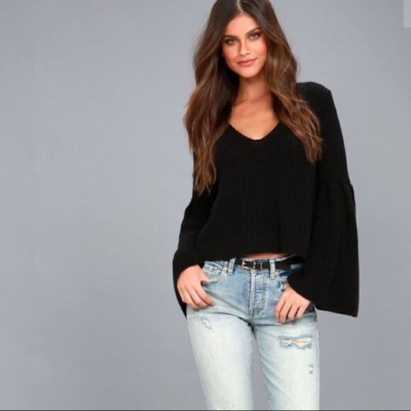 Free People Damsel Cable Knit Pullover Black Sweater Bell Sleeves Oversized XS - Picture 11 of 11